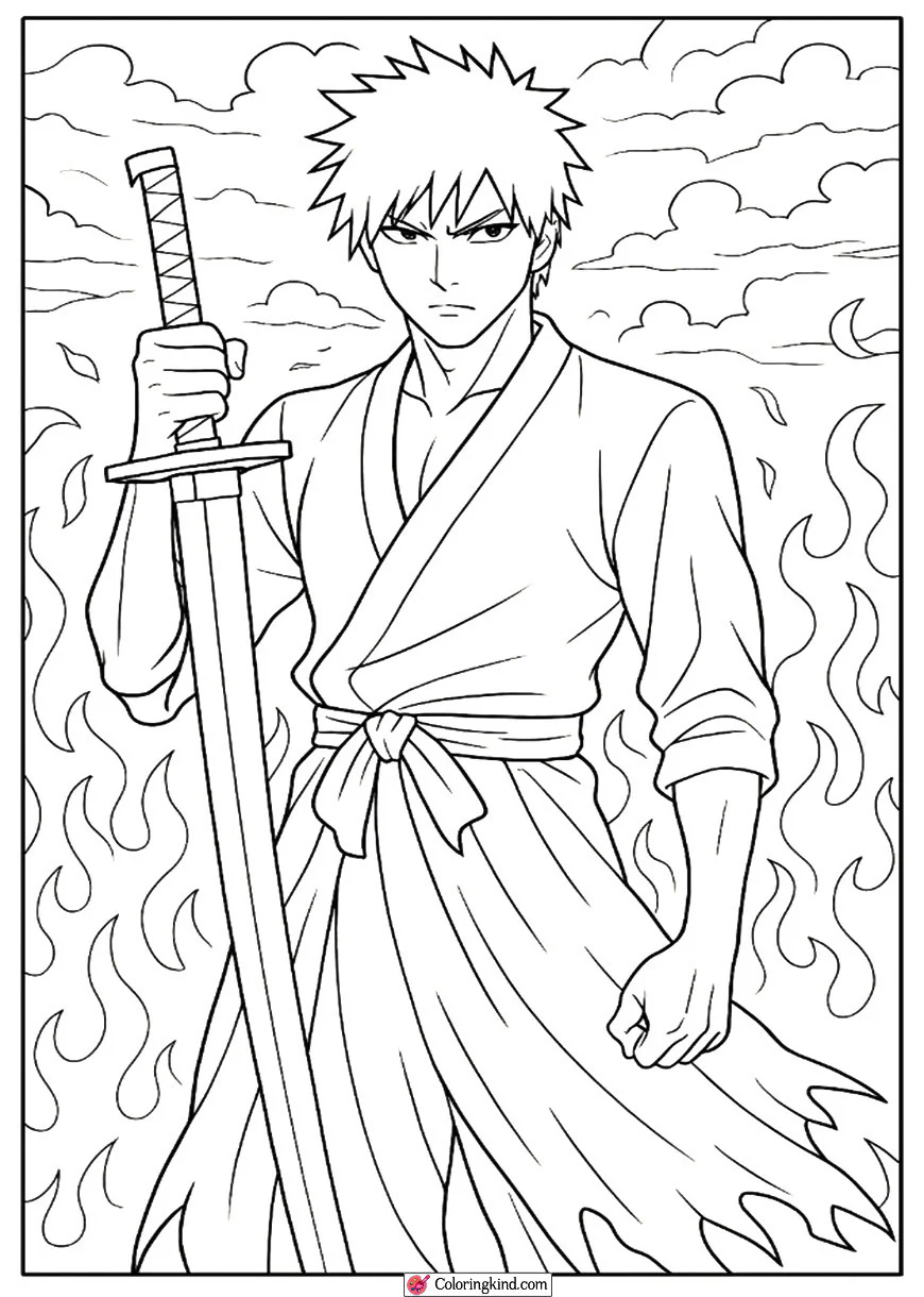 Ichigo from Bleach with Sword and Fire Sky