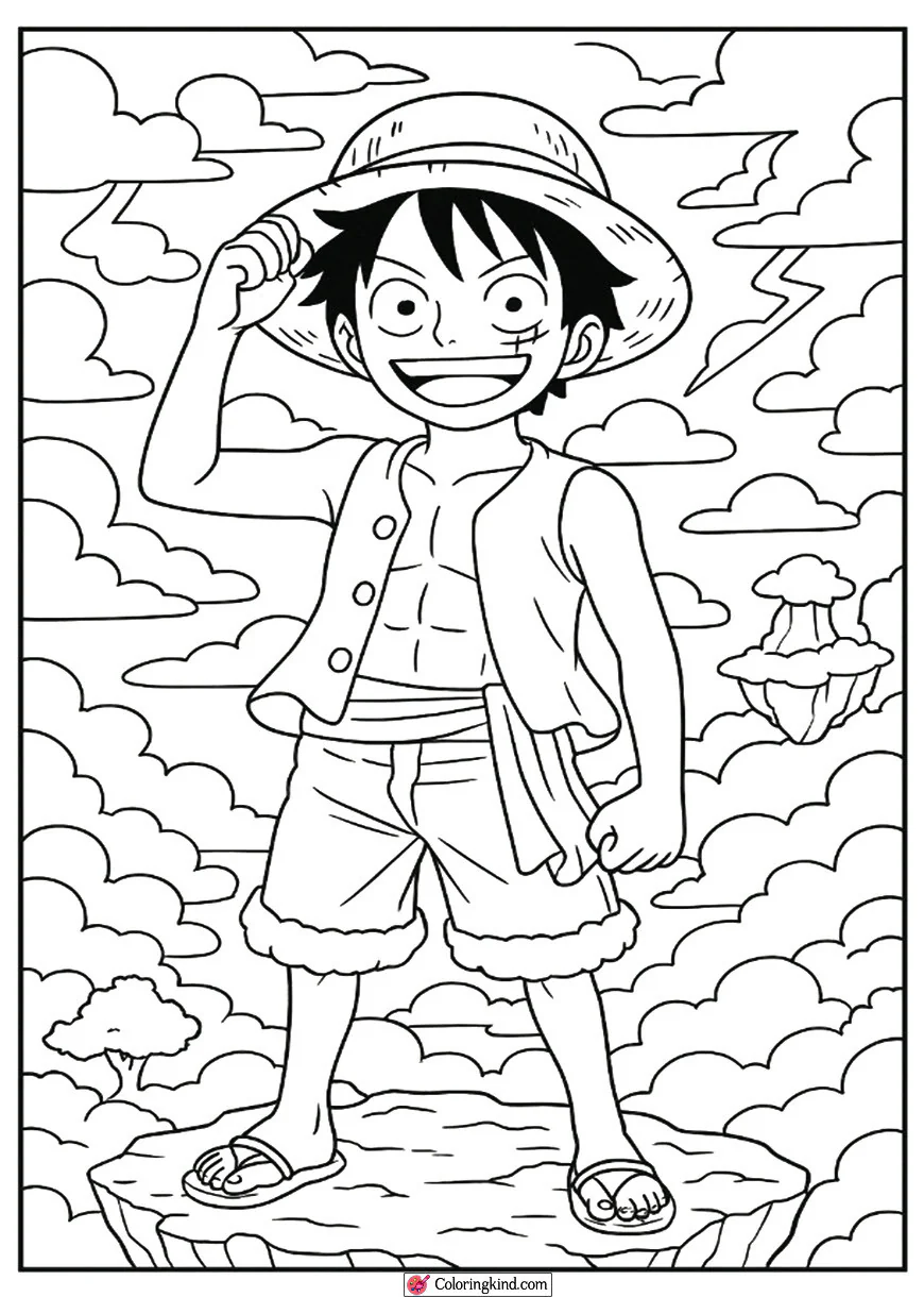 Luffy in Sky Island with Floating Clouds