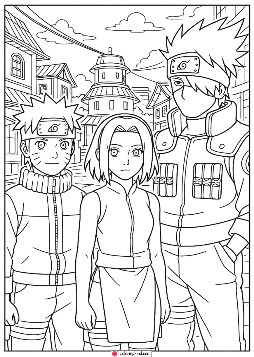 Naruto, Sakura, and Kakashi in Village Square