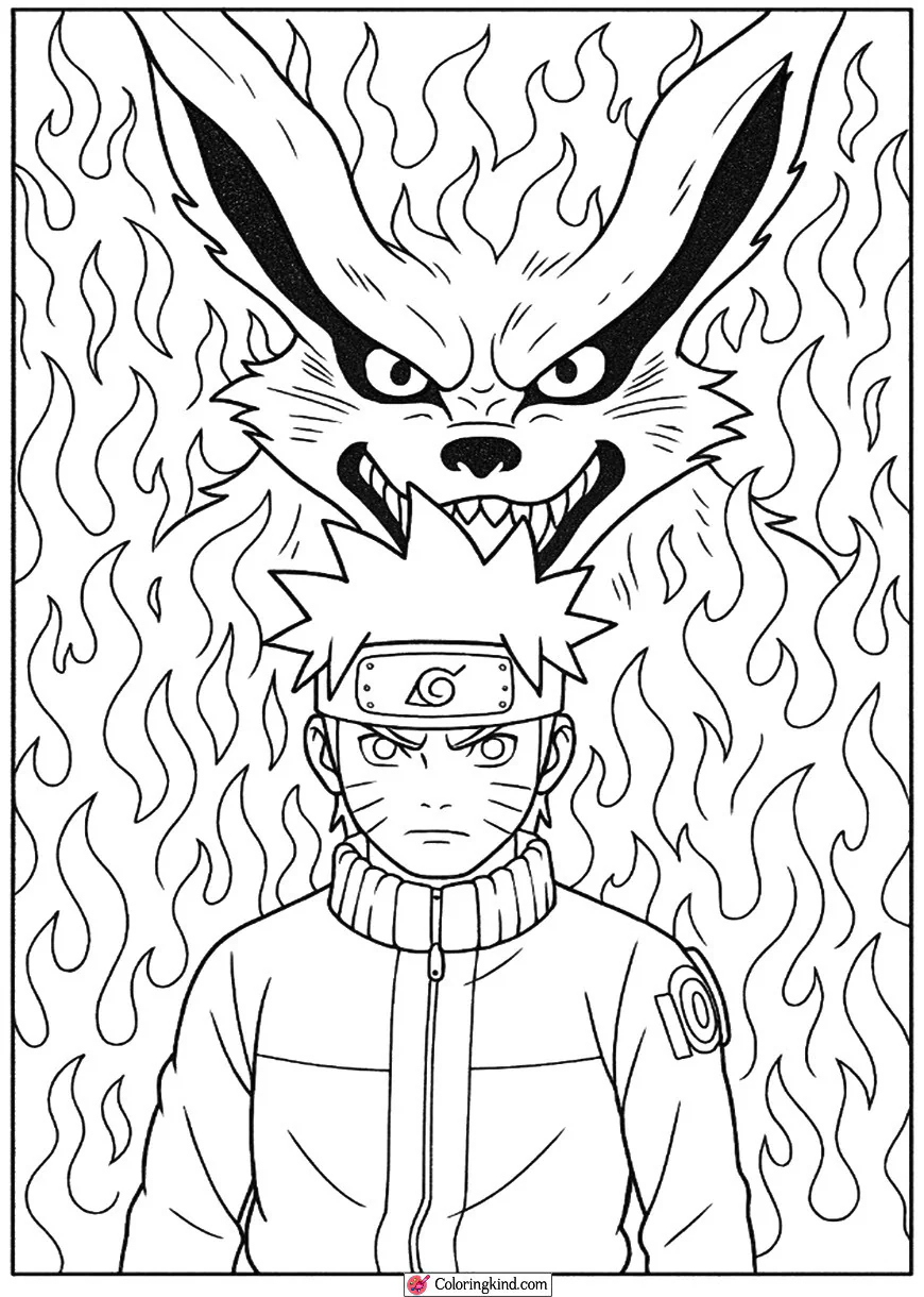 Naruto with Kurama Behind in Fire Flames