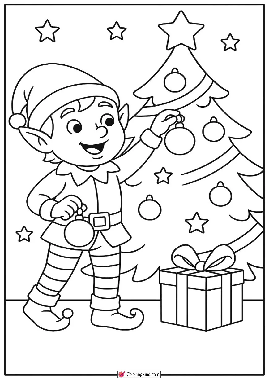 Elf decorating a Christmas tree