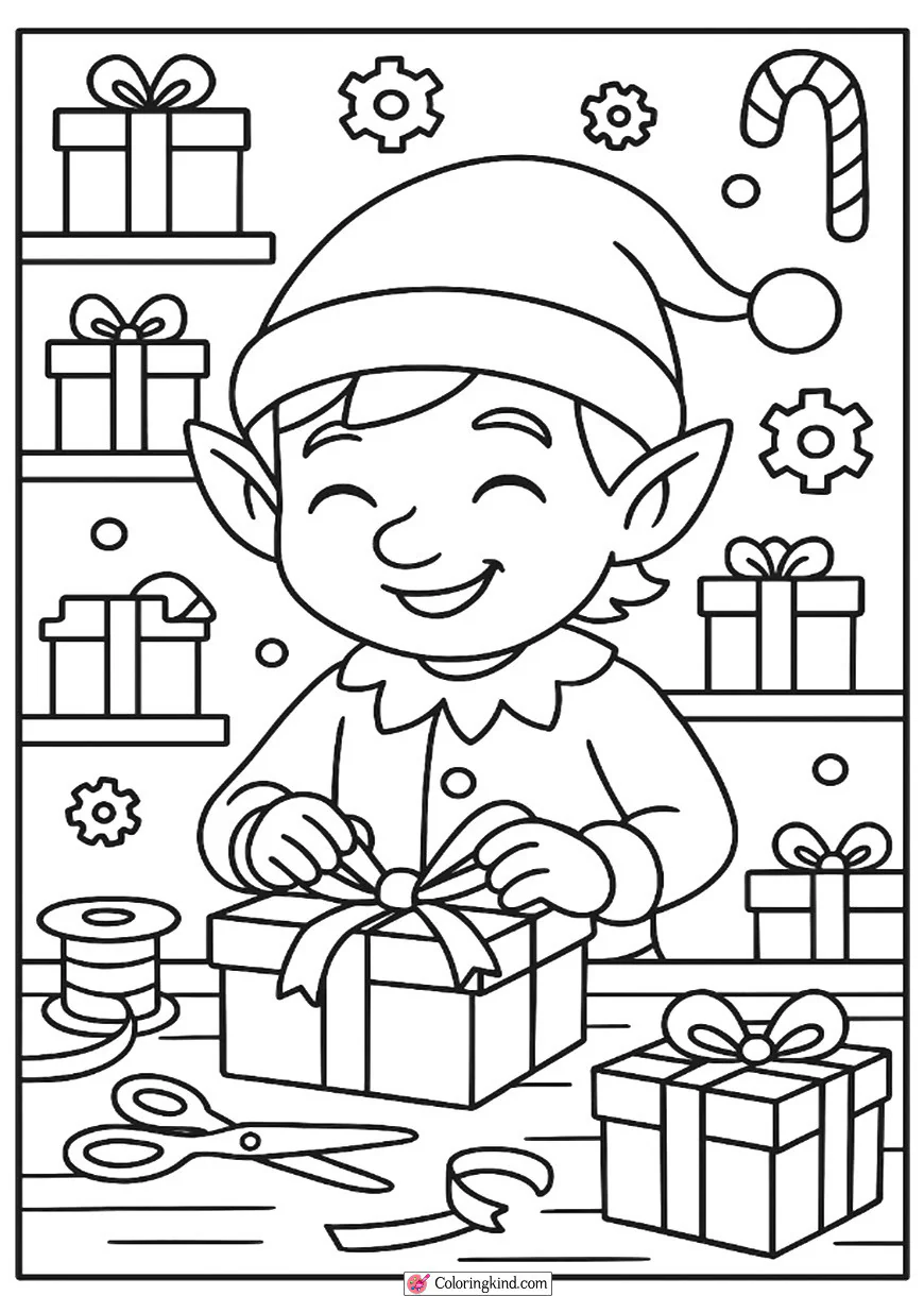 Elf wrapping presents in workshop