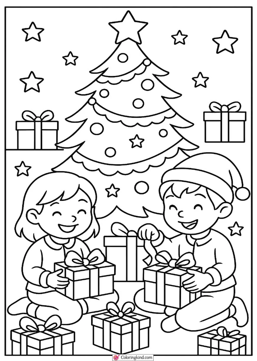 Children opening gifts under tree