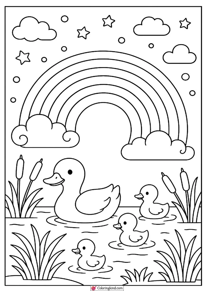 Rainbow with Ducklings at Pond