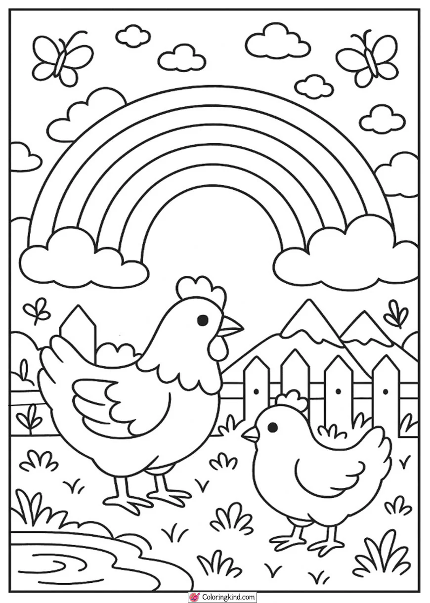 Rainbow with Chickens near Fence