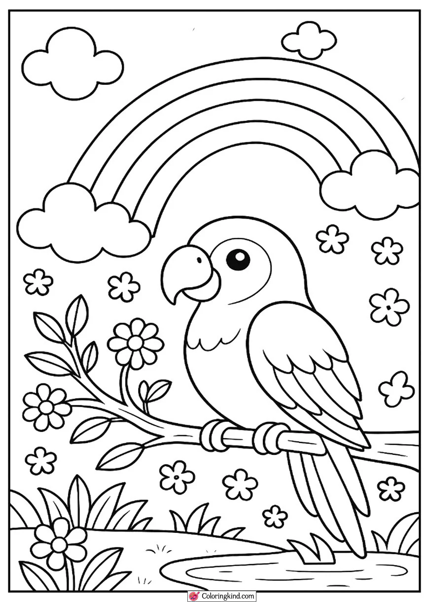 Rainbow with Parrot on a Branch