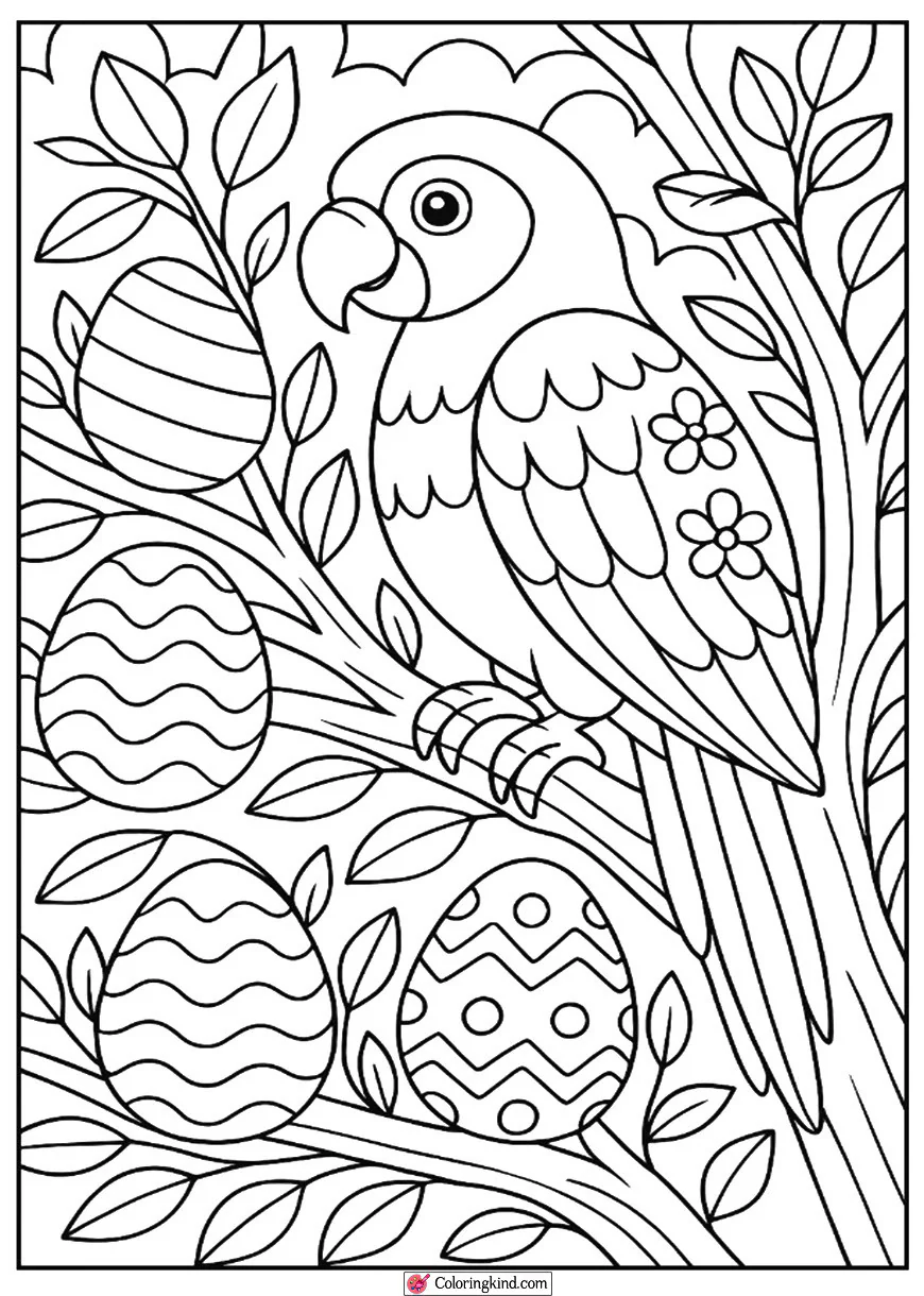 Parrot with Easter Eggs in a Tree