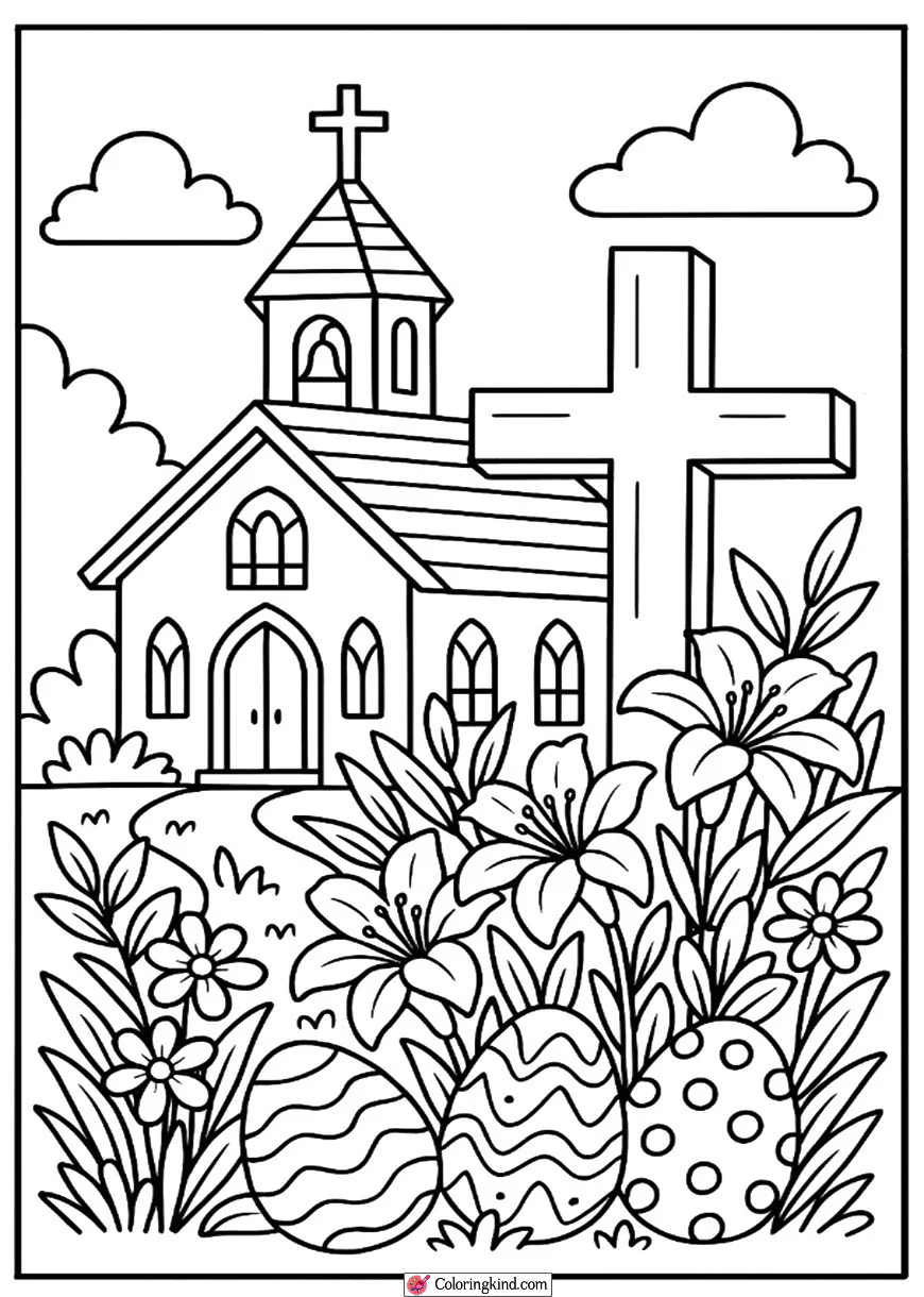 Easter Sunday Church with Cross and Flowers