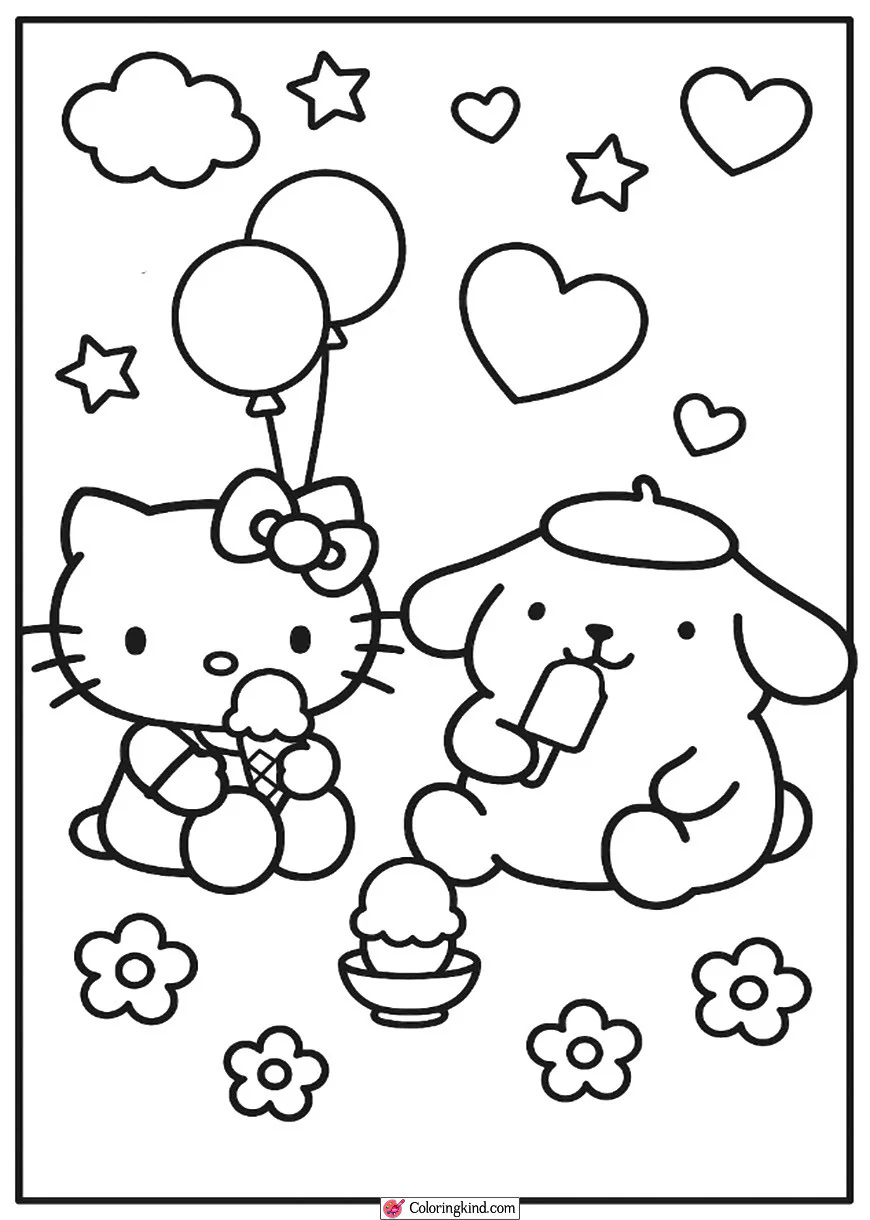 Hello Kitty and Pompompurin Eating Ice Cream