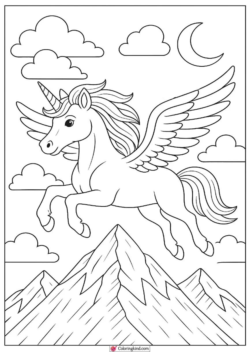 Unicorn Flying over Mountains