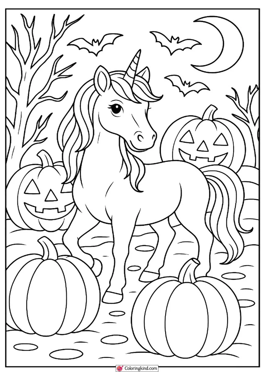 Unicorn with Halloween Pumpkins