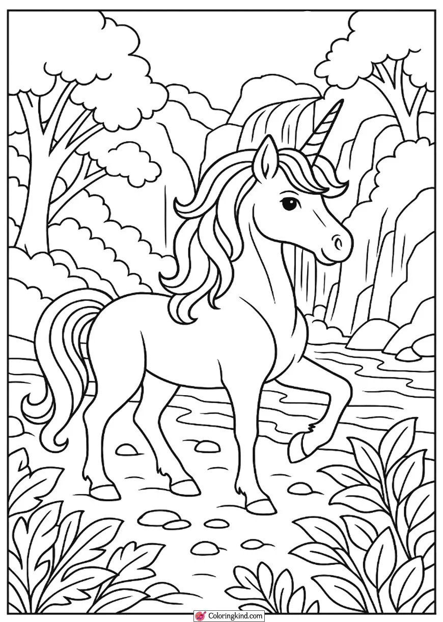 Unicorn by a Waterfall