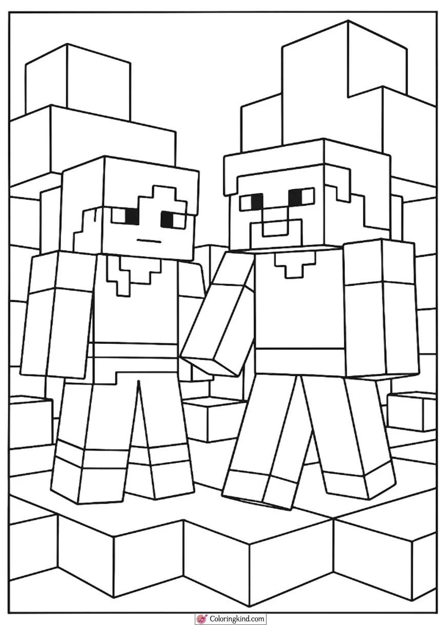 Alex And Steve Surrounded By Minecraft Blocks