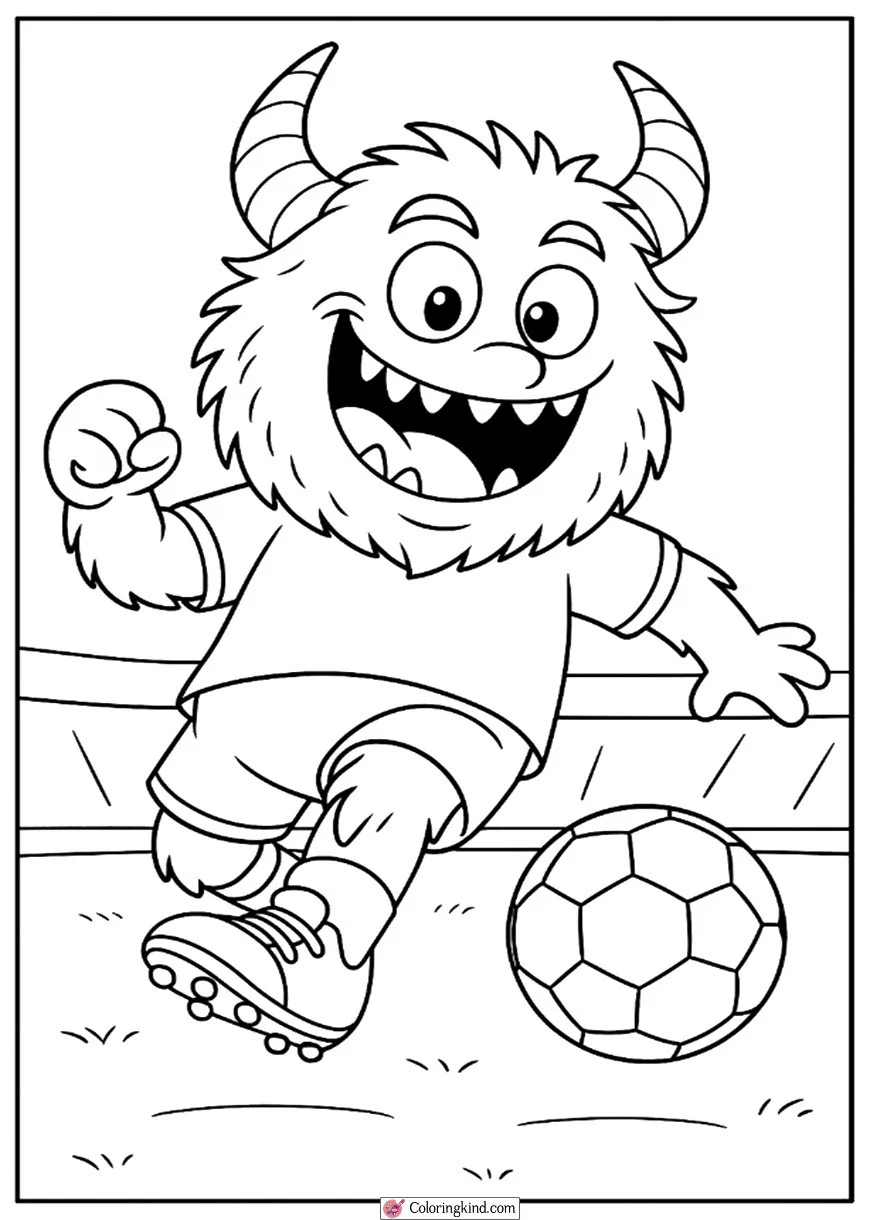 Funny Monster Mascot Kicking Ball