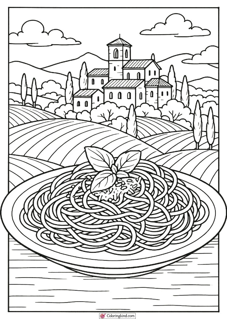 Spaghetti Plate with Italian Village Behind