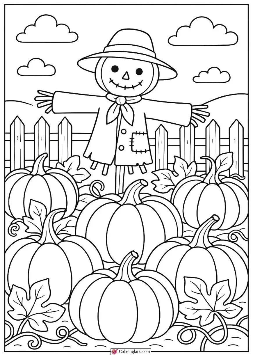 Pumpkin Patch with Scarecrow and Fence
