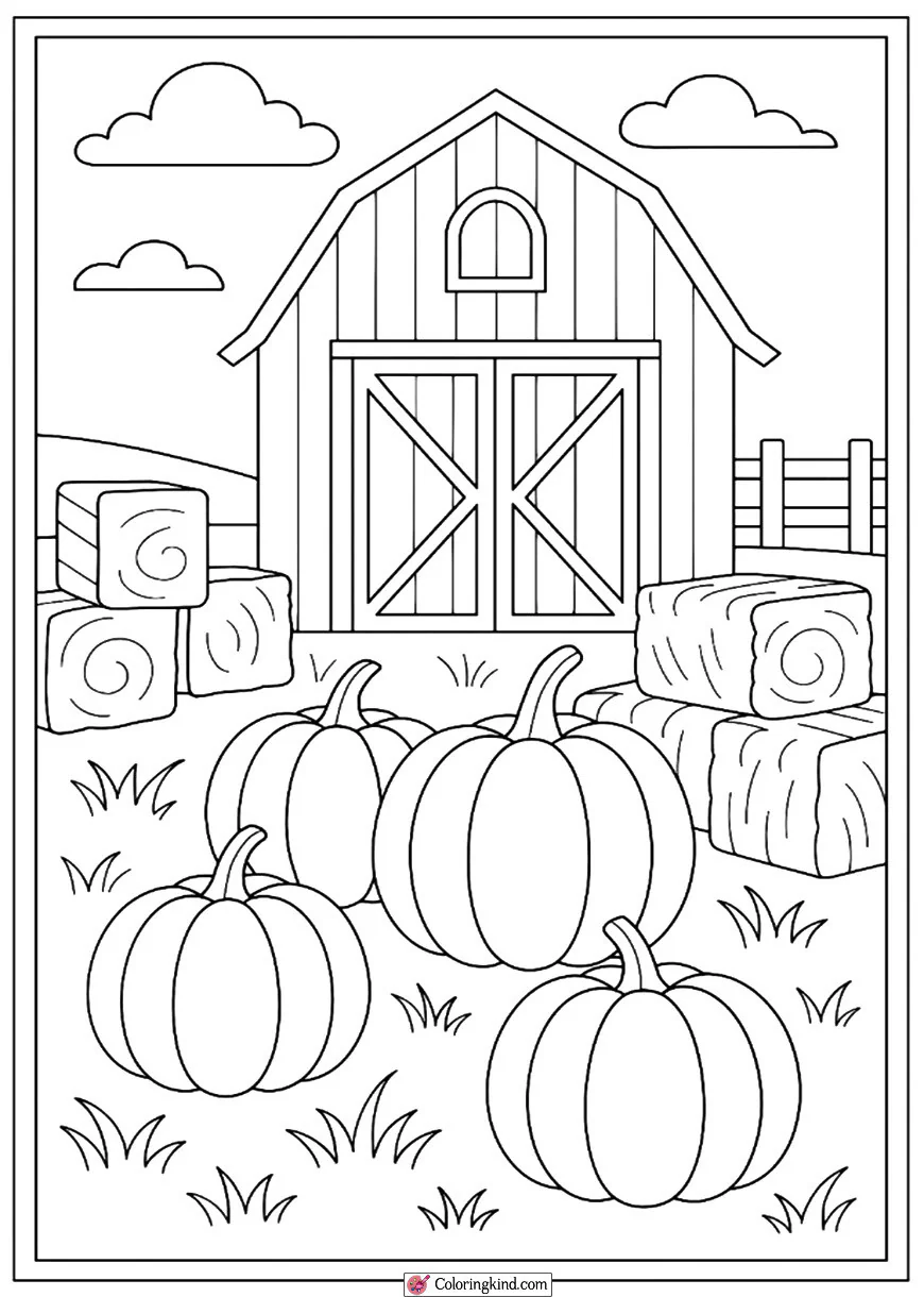 Barnyard Scene with Pumpkins and Hay Bales