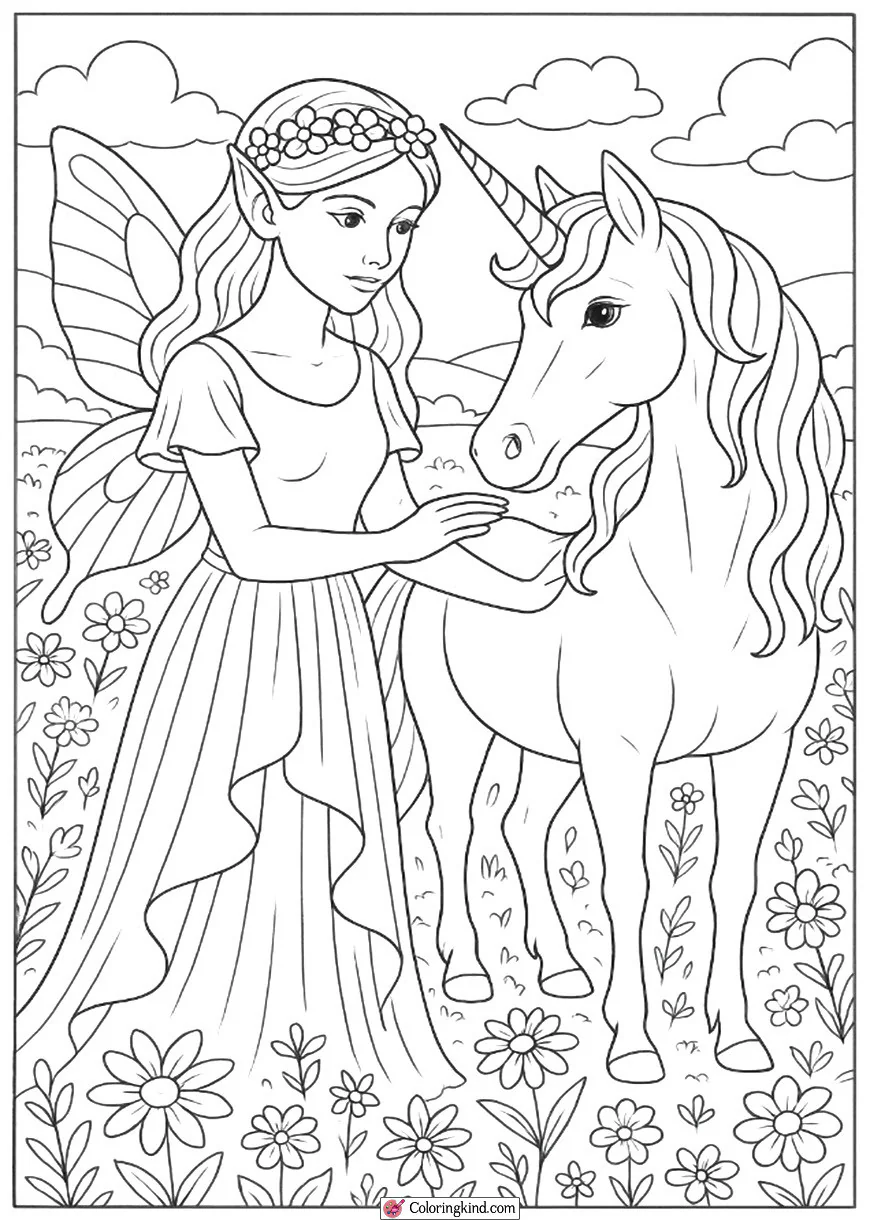 Fairy and a Unicorn in a Meadow