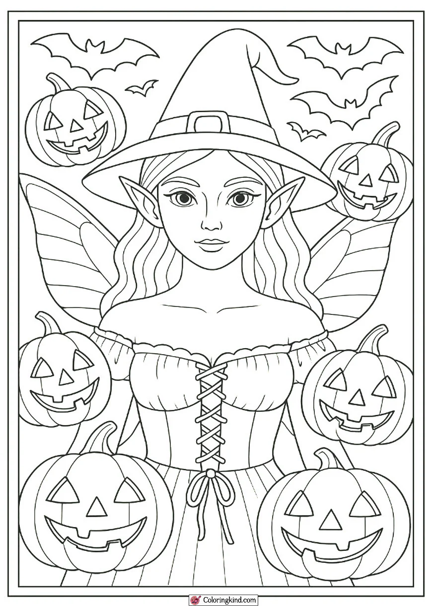 Halloween Fairy Among Jack-O-Lanterns