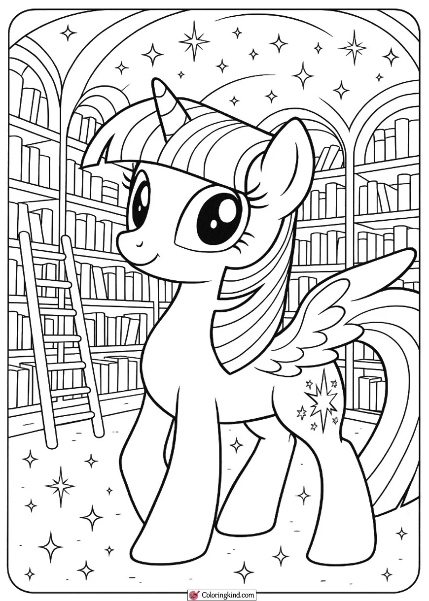 Twilight Sparkle in a Sparkling Library Background