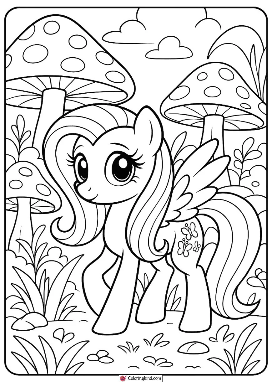 Fluttershy in a Garden of Giant Mushrooms