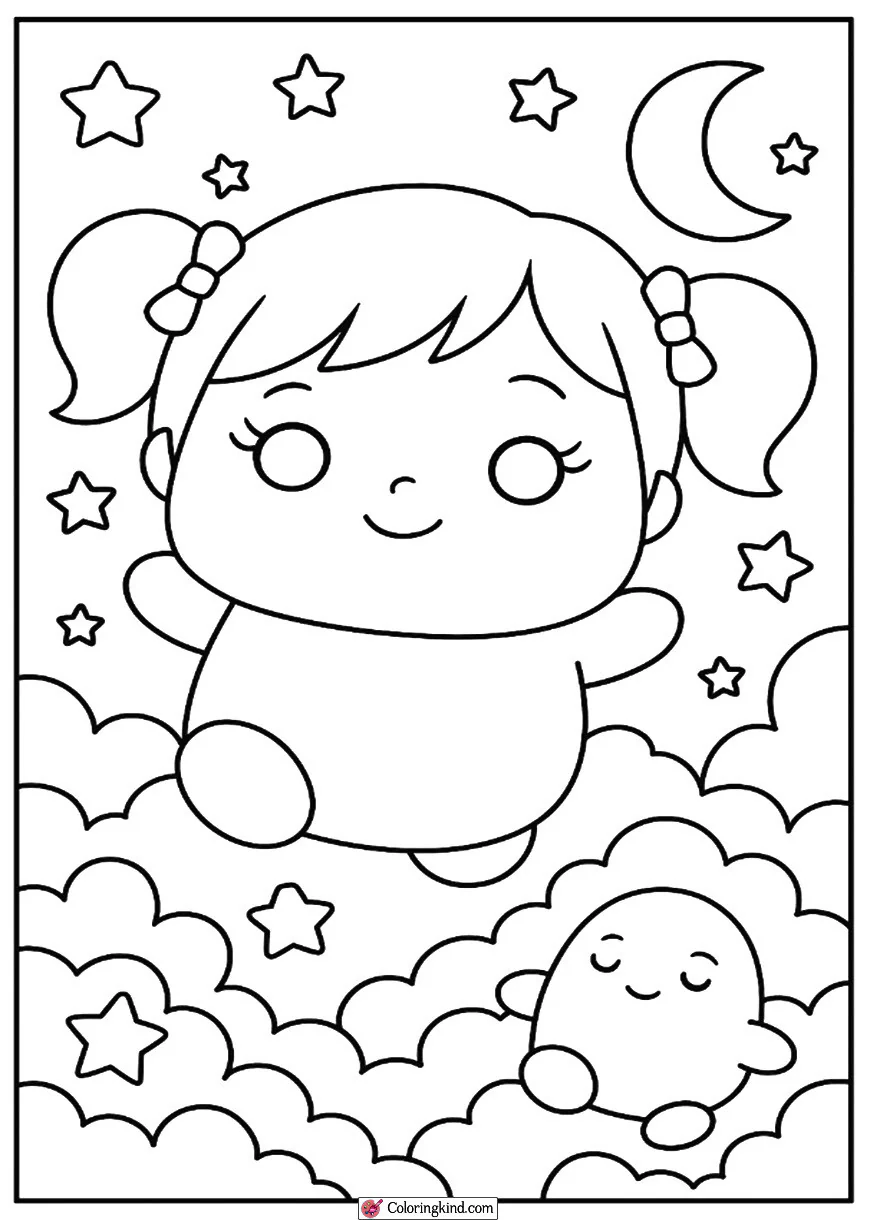 Adorable girl Squishmallow in a cloud kingdom