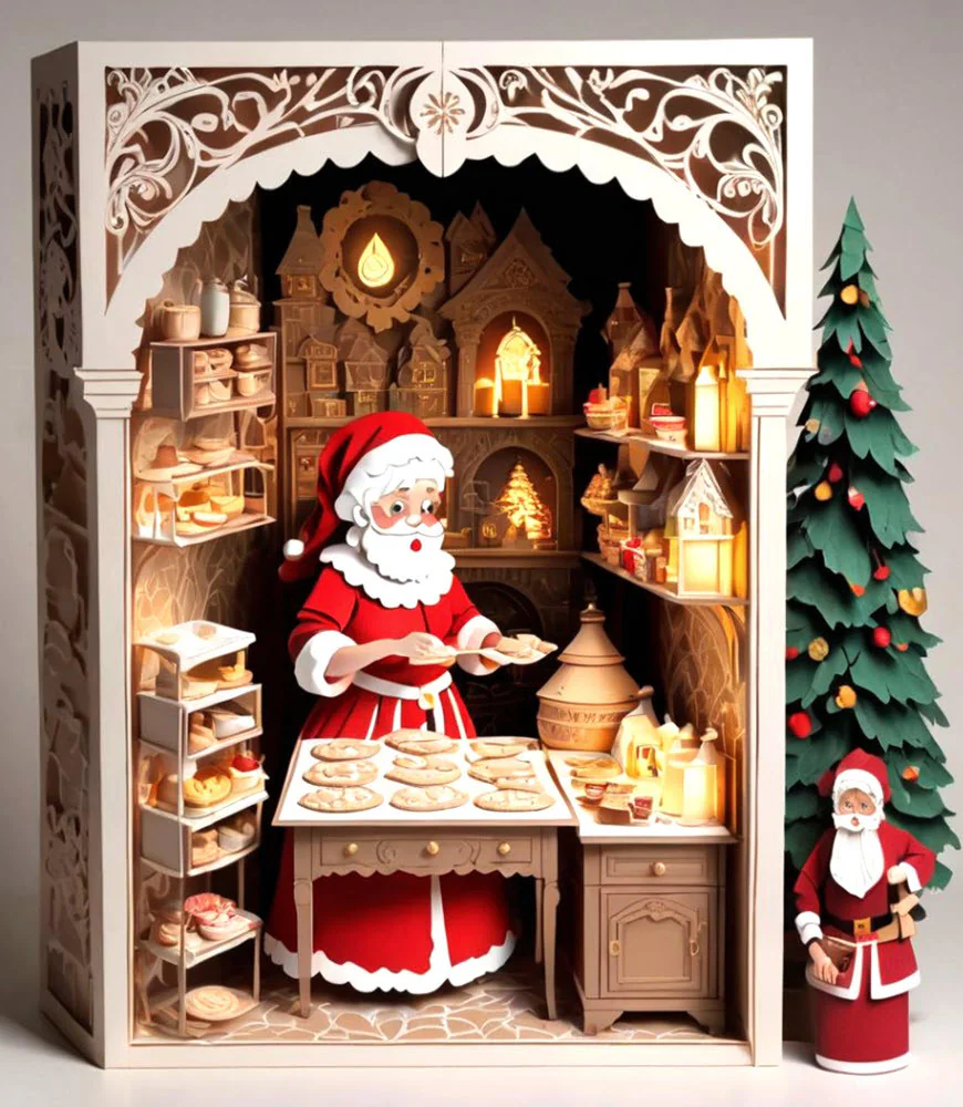 Mrs. Claus Baking Cookies in a Hearth-Lit Kitchen