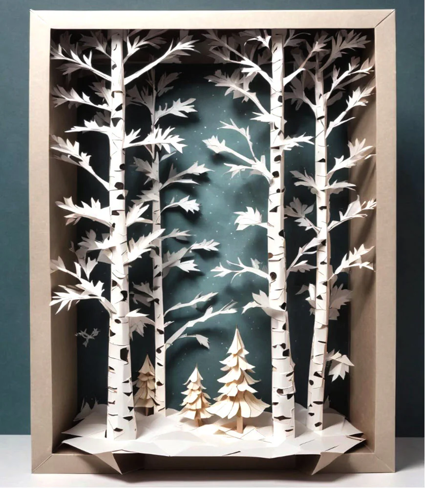 Folded Birch Trees in Winter Forest