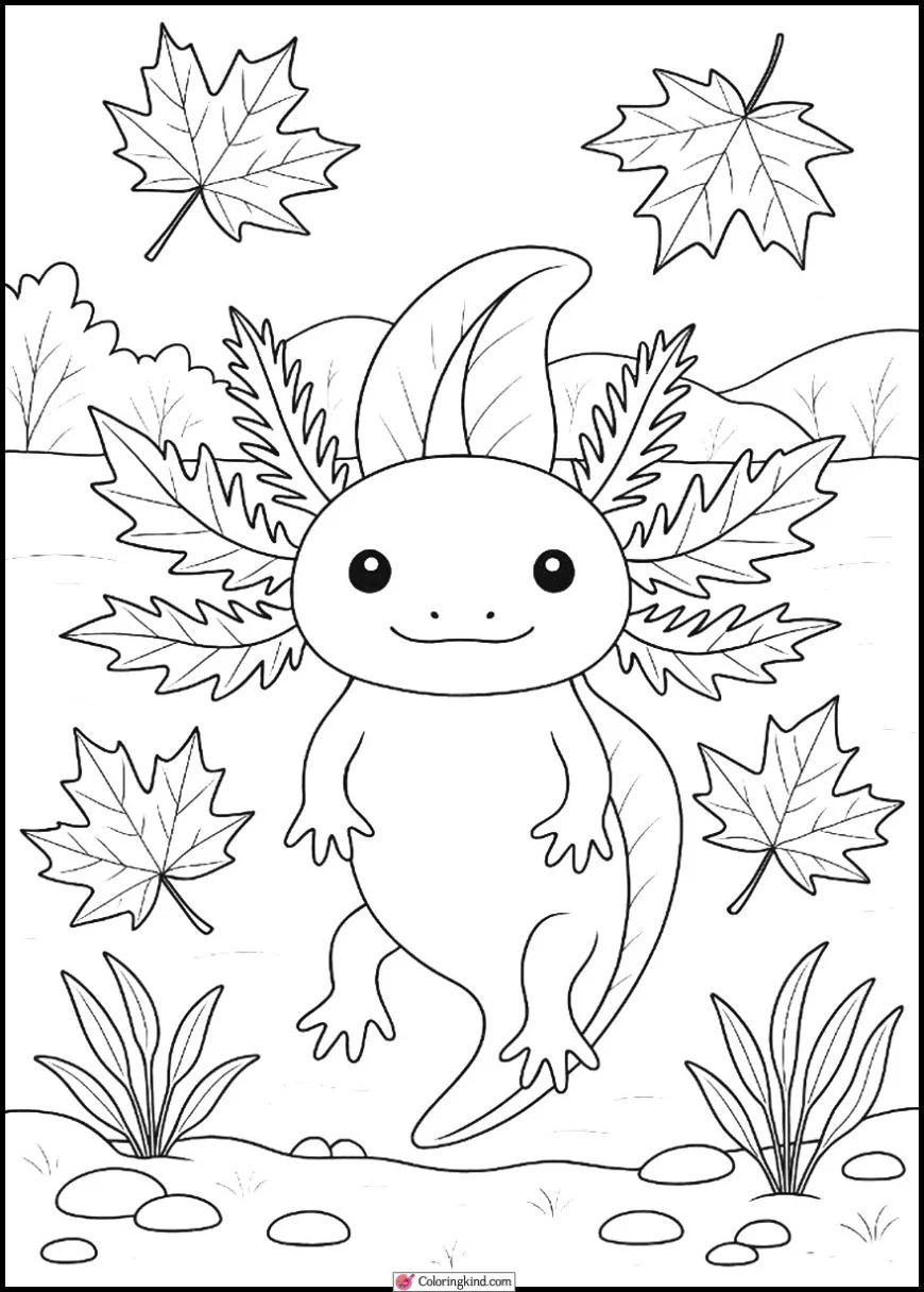 Axolotl with Maple Leaves