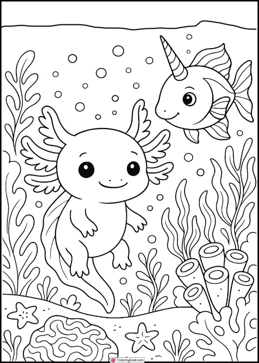 Axolotl with Unicorn Fish