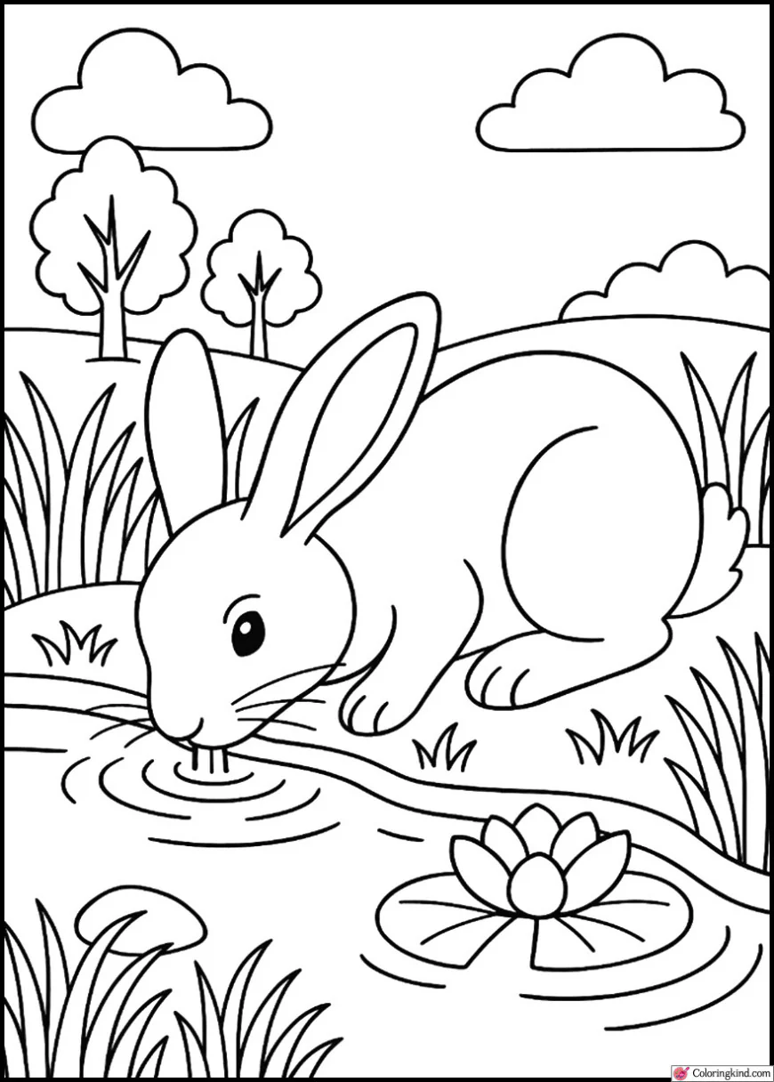 Bunny drinking water by a Pond
