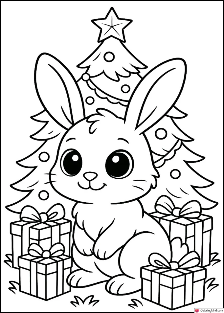 Bunny under a Christmas Tree with Gifts