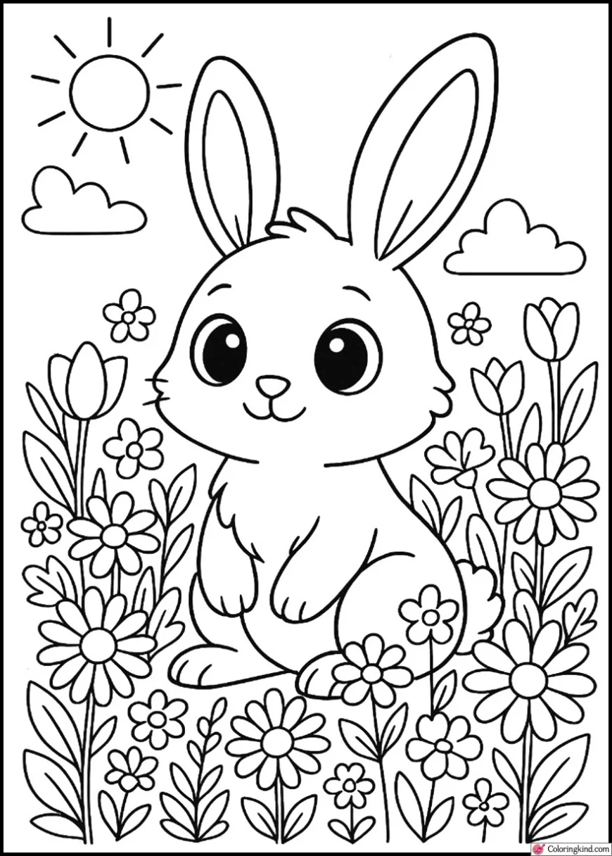 Bunny in a Spring Flower Garden
