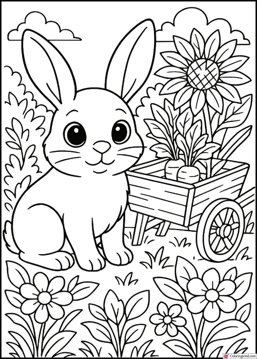 Bunny in a Garden with a Wooden Wheelbarrow