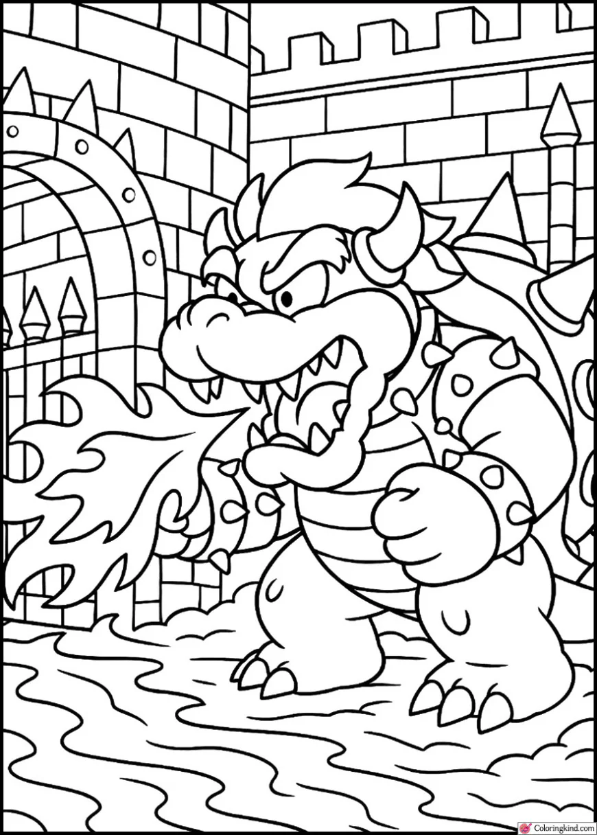 Bowser Breathing Fire in His Spiky Castle