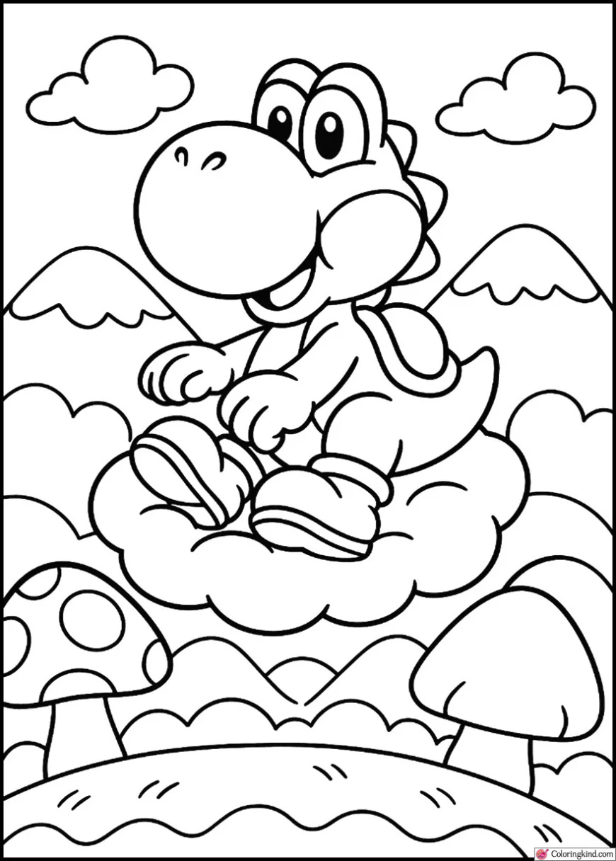 Yoshi Riding a Cloud Over the Mushroom Hills