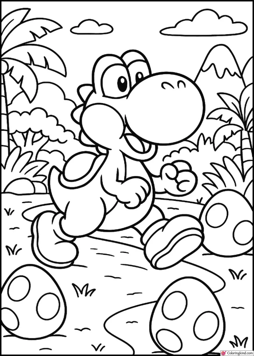 Yoshi Crossing the Dino Jungle with Giant Eggs