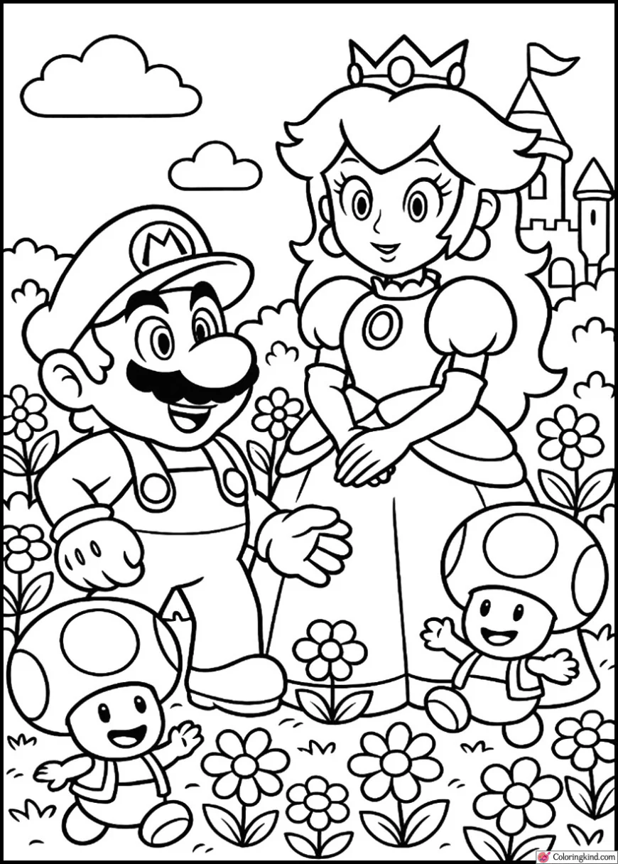 Mario and Princess Peach in Her Royal Flower Garden with Toads
