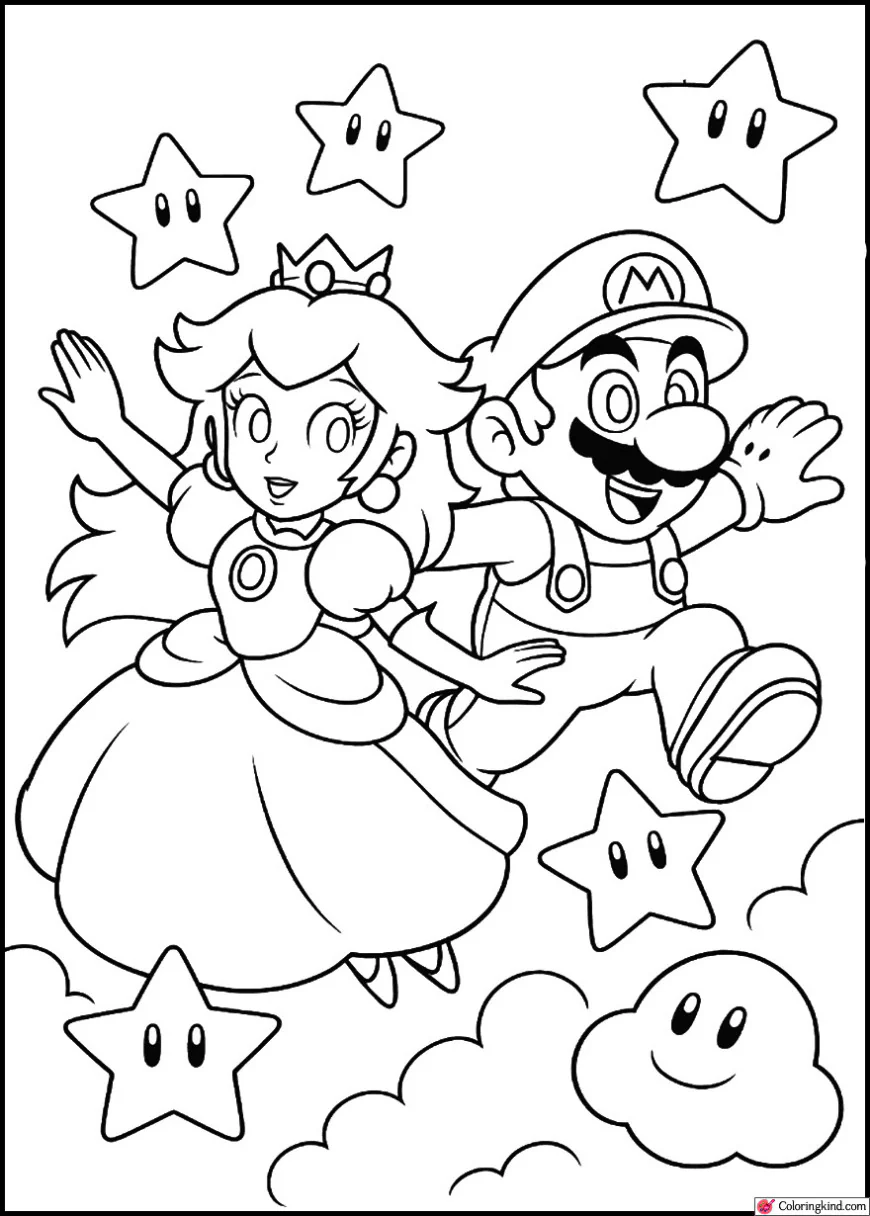 Princess Peach and Mario Flying in the Sky with Super Stars