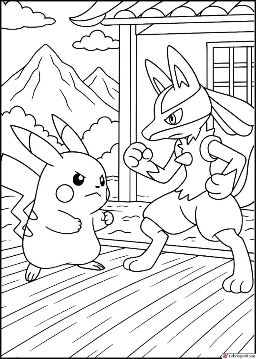 Pikachu vs Lucario in mountain dojo