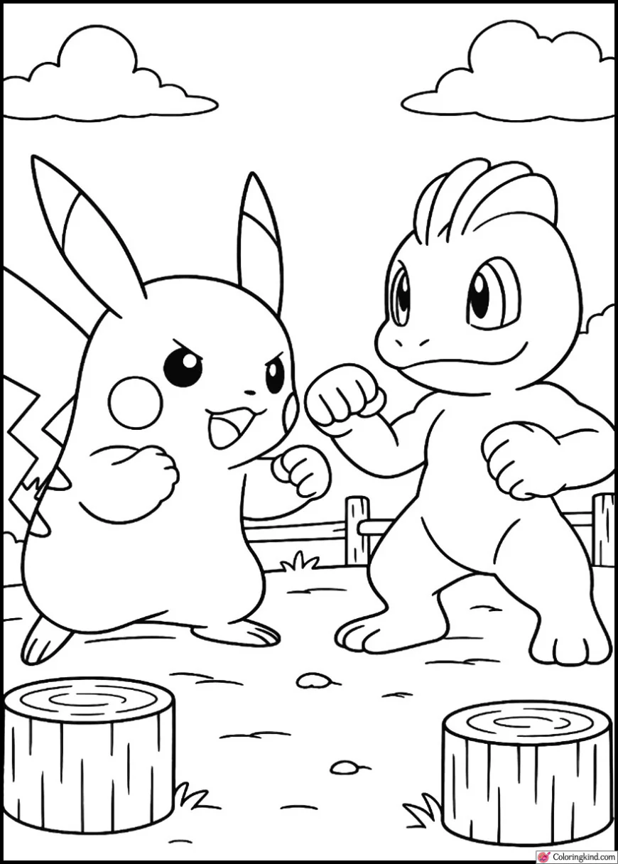 Pikachu with Machop in training ground