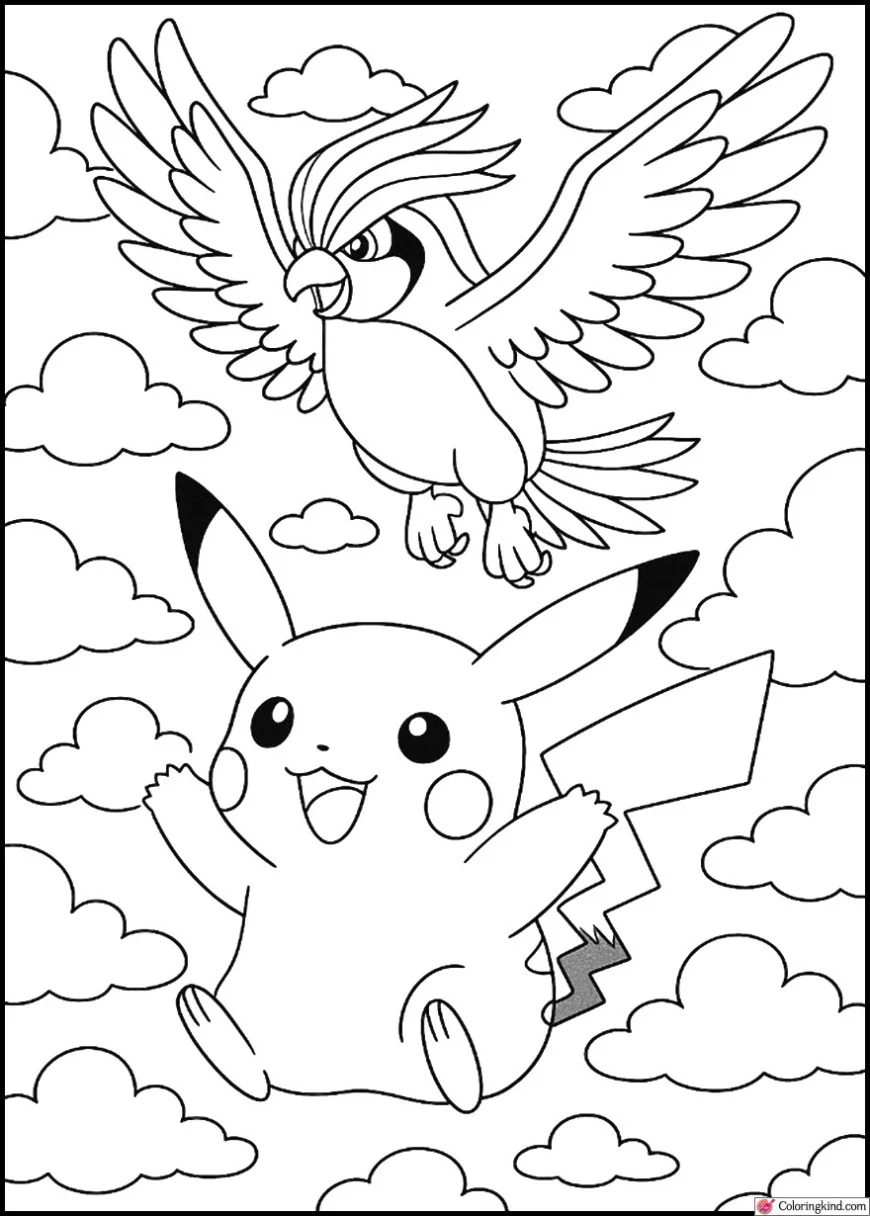 Pikachu with Pidgeotto flying in sky
