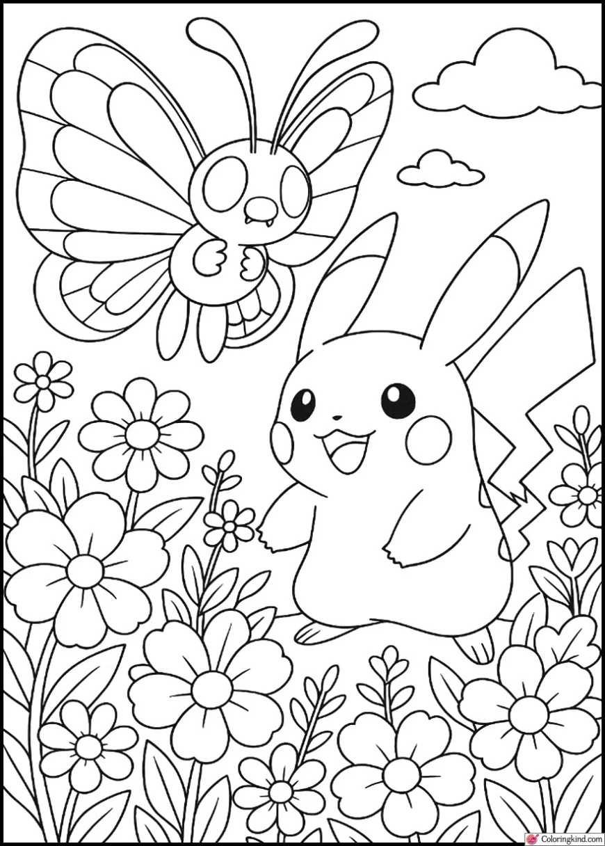 Pikachu with Butterfree in a flower garden