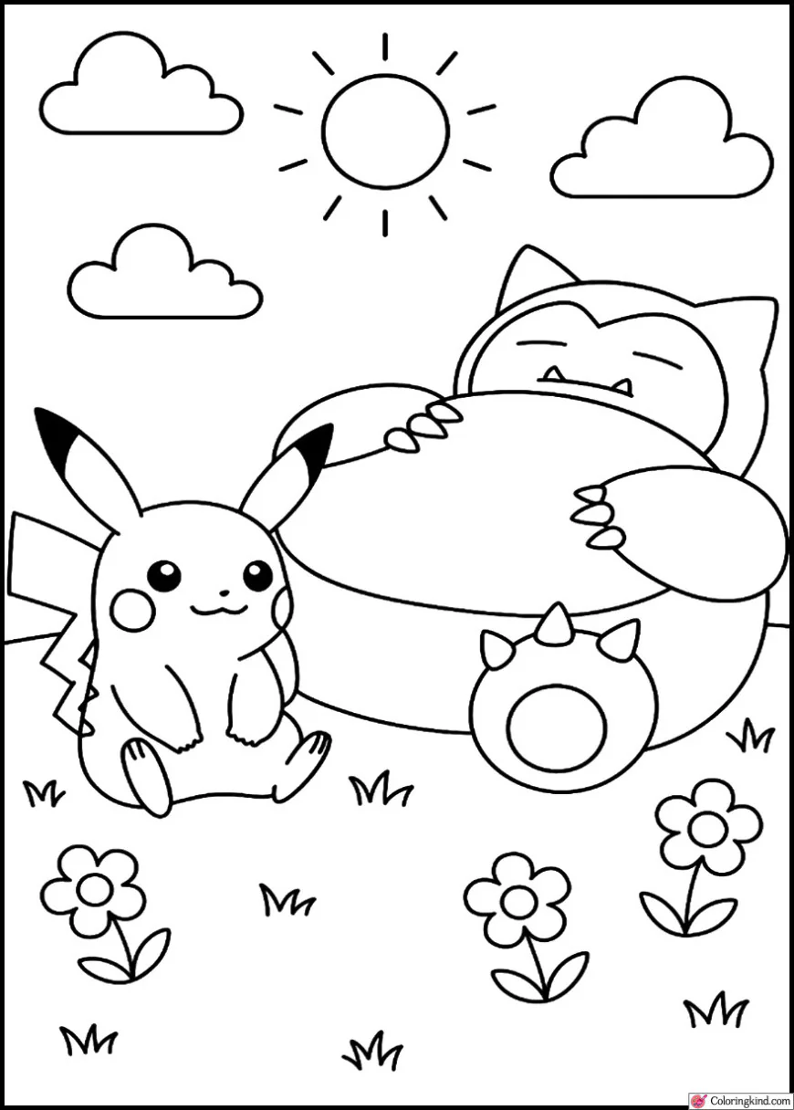Pikachu with Snorlax sleeping in a meadow