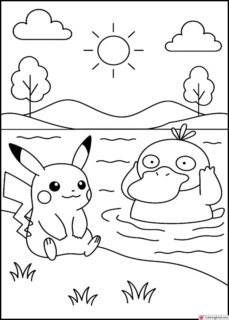 Pikachu with Psyduck at a lake