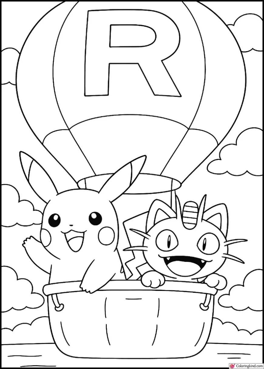 Pikachu with Meowth in Team Rocket balloon