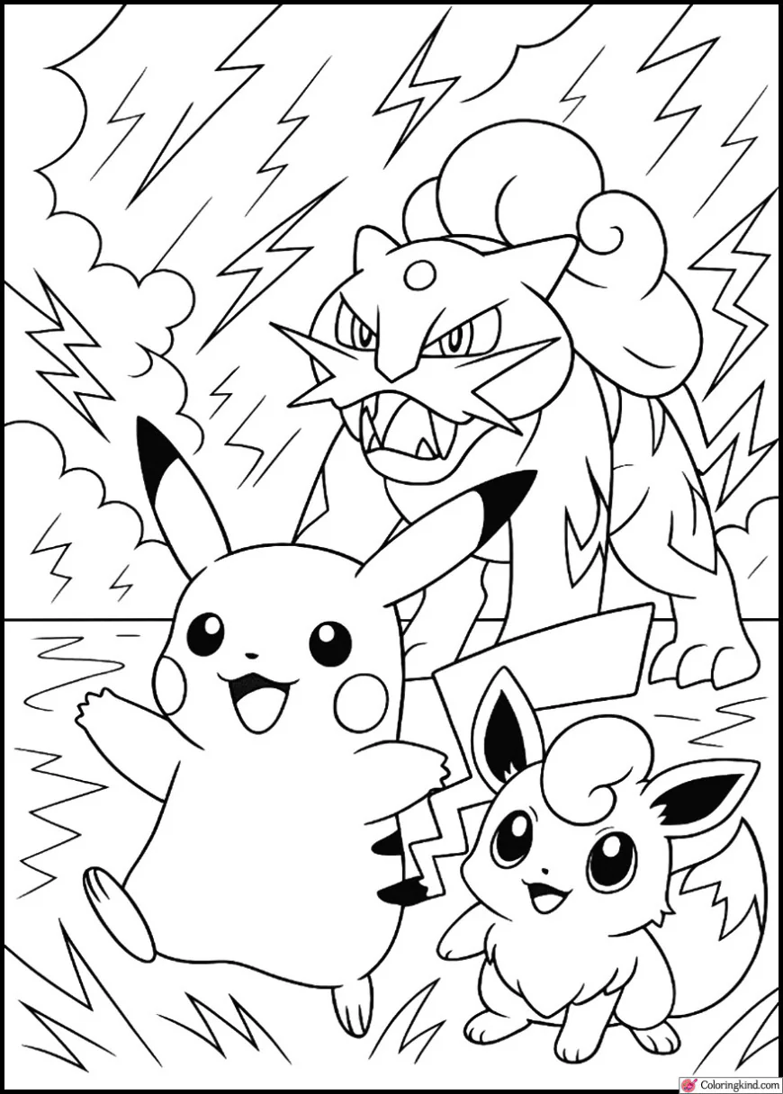 Pikachu with Raikou in a lightning storm