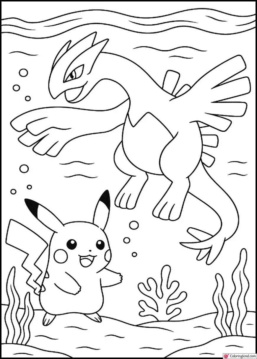 Pikachu with Lugia under the ocean waves
