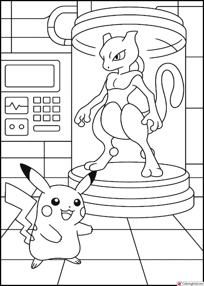 Pikachu with Mewtwo in a futuristic lab
