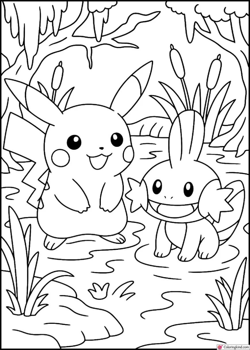 Pikachu with Mudkip in a swamp
